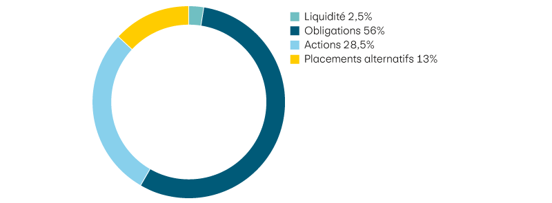 Liquidité 2,5%, Obligations 56%, Actions 28,5%, Placements alternatifs 13%