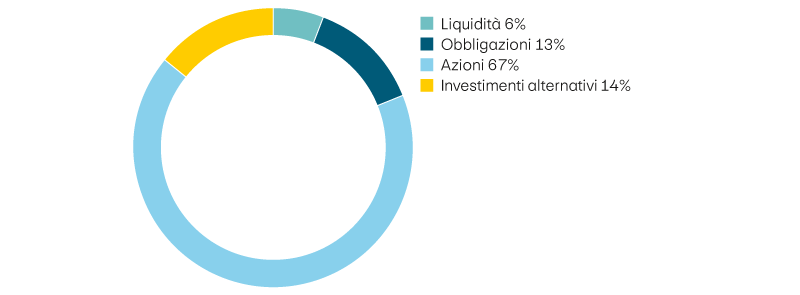 Liquidità 6%, obbligazioni 13%, azioni 67%, investimenti alternativi 14%