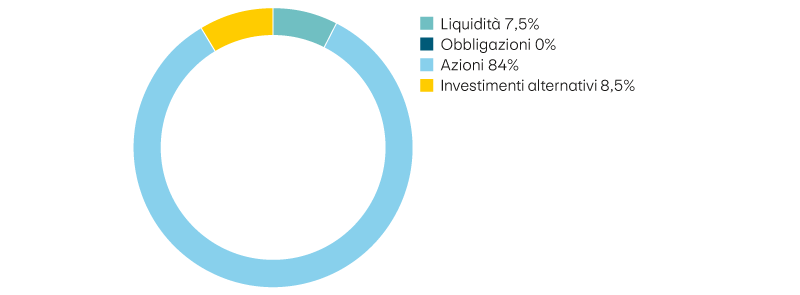 Liquidità 7,5%, obbligazioni 0%, azioni 84%, investimenti alternativi 8,5%