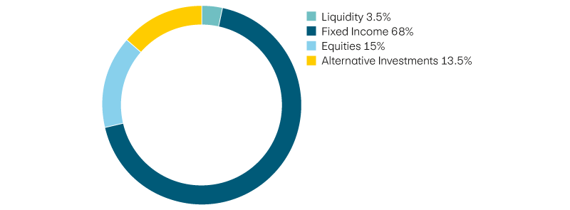 Liquidity 3,5%, income 68%, equities 15%, alternative investments 13,5%