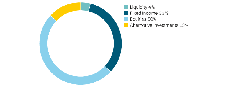 Liquidity 4%, income 33%, equities 50%, alternative investments 13%
