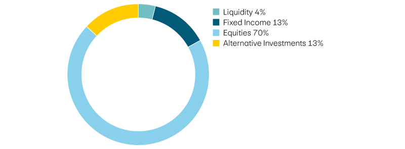 Liquidity 4%, income 13%, equities 70%, alternative investments 13%