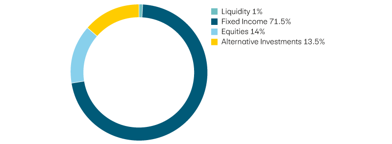 Liquidity 1%, income 71,5%, equities 14%, alternative investments 13,5%