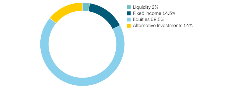 Liquidity 3%, income 14,5%, equities 68,5%, alternative investments 14%