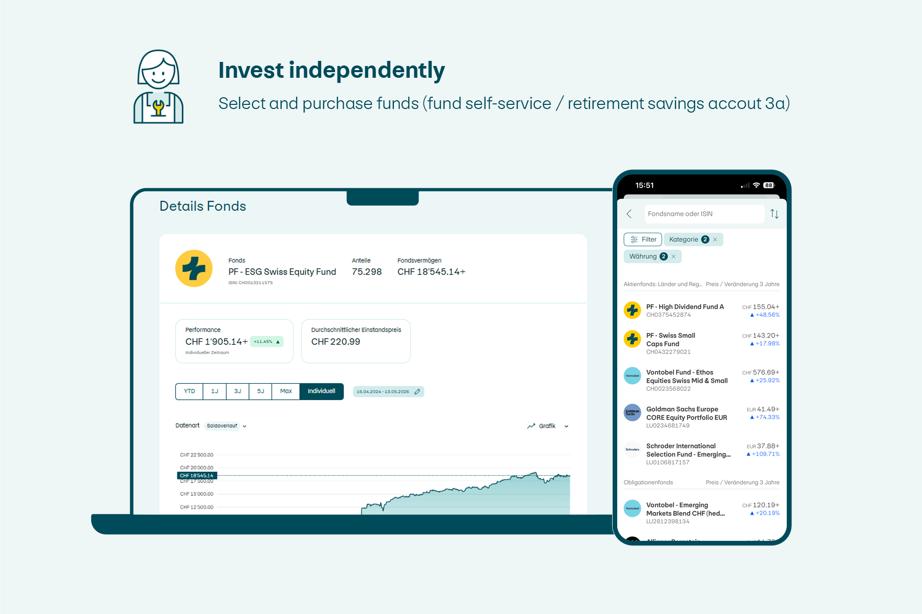 The choice is yours. Choose a fund independently and order the purchase yourself. With the fund search, you can filter the fund list according to various criteria. You can select and purchase the right fund based on features such as the fund’s past performance, a detailed factsheet or a Morningstar rating.