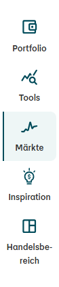 Portfolio „Symbol eines Bildschirms mit Diagramm, Beschriftung: Portfolio.“ | Tools „Symbol einer Lupe über einer Kurve, Beschriftung: Tools.“ | Märkte (aktives Element, hervorgehoben) „Symbol einer ansteigenden Linie, Beschrif-tung: Märkte.“ Inspiration „Symbol einer Glühbirne, Beschriftung: Inspiration, aktuell ausgewählt.“ | Handelsbereich „Symbol eines quadratischen Rasters, Beschriftung: Handelsbereich.“