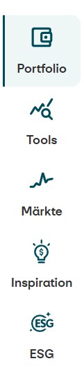 Portfolio (aktives Element, hervorgehoben) „Symbol eines Bildschirms mit Diagramm, Beschriftung: Portfolio.“ | Tools „Symbol einer Lupe über einer Kurve, Beschriftung: Tools.“ | Märkte „Symbol einer ansteigenden Linie, Beschriftung: Märkte.“ | Inspiration „Symbol einer Glühbirne, Beschriftung: Inspiration, aktuell ausgewählt.“ | Handelsbereich „Sym-bol eines quadratischen Rasters, Beschriftung: Handelsbereich.“