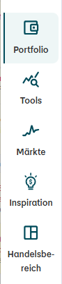 Portfolio (aktives Element, hervorgehoben) „Symbol eines Bildschirms mit Diagramm, Beschriftung: Portfolio.“ | Tools „Symbol einer Lupe über einer Kurve, Beschriftung: Tools.“ | Märkte „Symbol einer ansteigenden Linie, Beschriftung: Märkte.“ | Inspiration „Symbol einer Glühbirne, Beschriftung: Inspiration, aktuell ausgewählt.“ | Handelsbereich „Sym-bol eines quadratischen Rasters, Beschriftung: Handelsbereich.“
