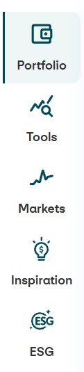 Portfolio (active element, highlighted) “Icon of a screen with a diagram, label: Portfolio.” | Tools “Icon of a magnifying glass above a curve, label: Tools.” | Markets “Icon of an upwards line, label: Markets.” | Inspiration “Icon of a lightbulb, label: Inspiration, currently selected.” | Trading space “Icon of a square grid, label: Trading space.” 