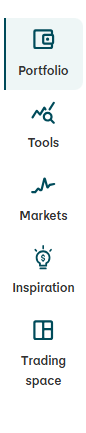Portfolio (active element, highlighted) “Icon of a screen with a diagram, label: Portfolio.” | Tools “Icon of a magnifying glass above a curve, label: Tools.” | Markets “Icon of an upwards line, label: Markets.” | Inspiration “Icon of a lightbulb, label: Inspiration, currently selected.” | Trading space “Icon of a square grid, label: Trading space.” 