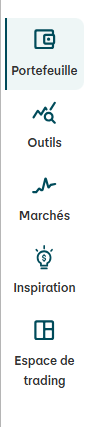 Portefeuille (élément actif, mis en évidence) «Icône représentant un écran avec un diagramme, titre: Portefeuille.» | Outils «Icône représentant une loupe au-dessus d’une courbe, titre: Outils.» | Marchés «Icône représentant une ligne ascendante, titre: Marchés.» Inspiration | «Icône représentant une ampoule, titre: Inspiration, actuellement sélectionnée.» | Espace de trading «Icône représentant une grille carrée, titre: Espace de trading.»