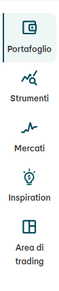 Portafoglio (elemento attivo, evidenziato) «Simbolo di una schermata con grafico, scritta: portafoglio.» | Strumenti «Simbolo di una lente d’ingrandimento su una curva, scritta: strumenti». | Mercati «Simbolo di una linea crescente, scritta: mercati.» | Ispirazione «Simbolo di una lampadina, scritta: ispirazione, selezione attuale.» | Area di trading «Simbolo di una griglia quadrata, scritta: area di trading.» 