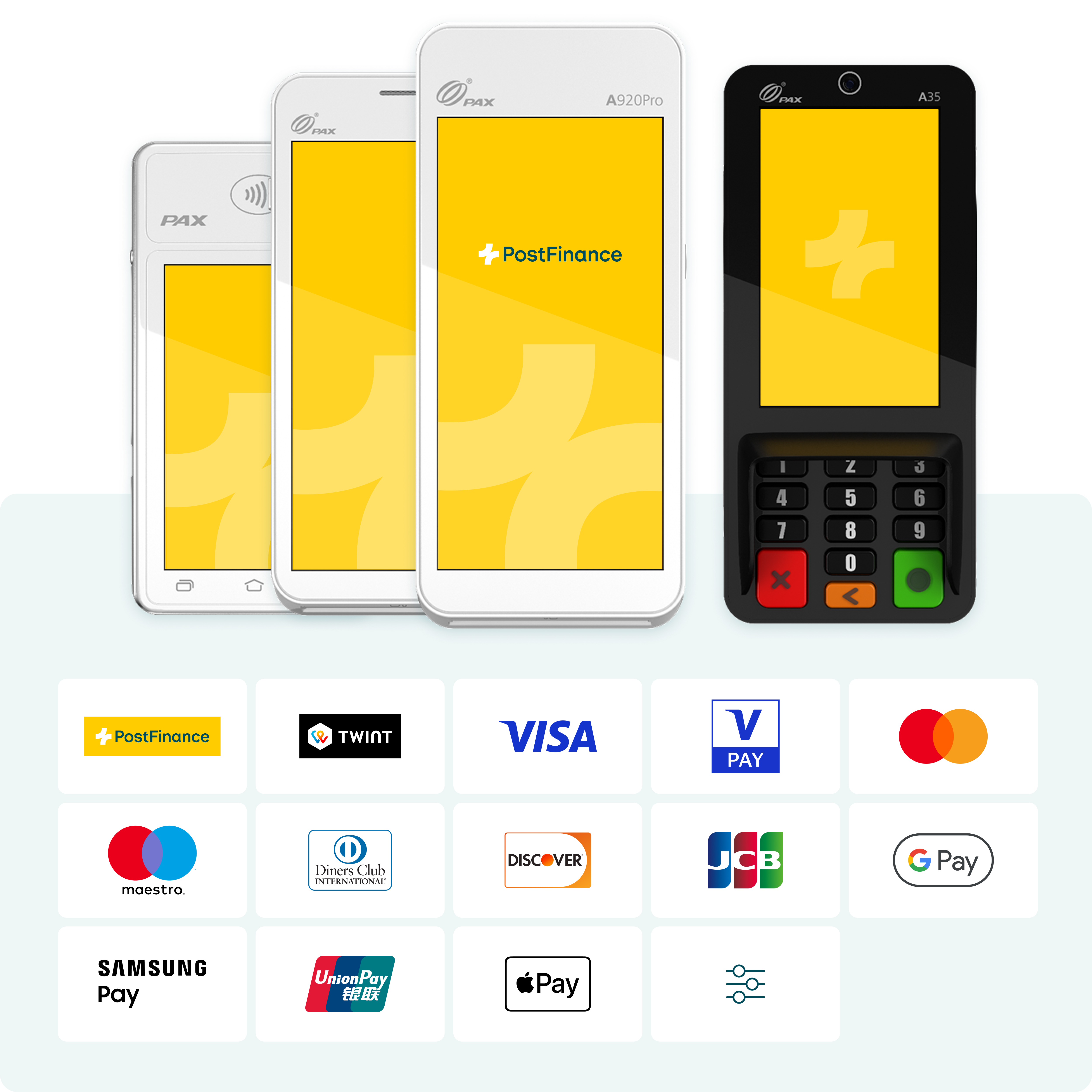 The image shows the four card terminal models you can choose from. The logos of the common payment methods that you can offer with the payment solution are also displayed.