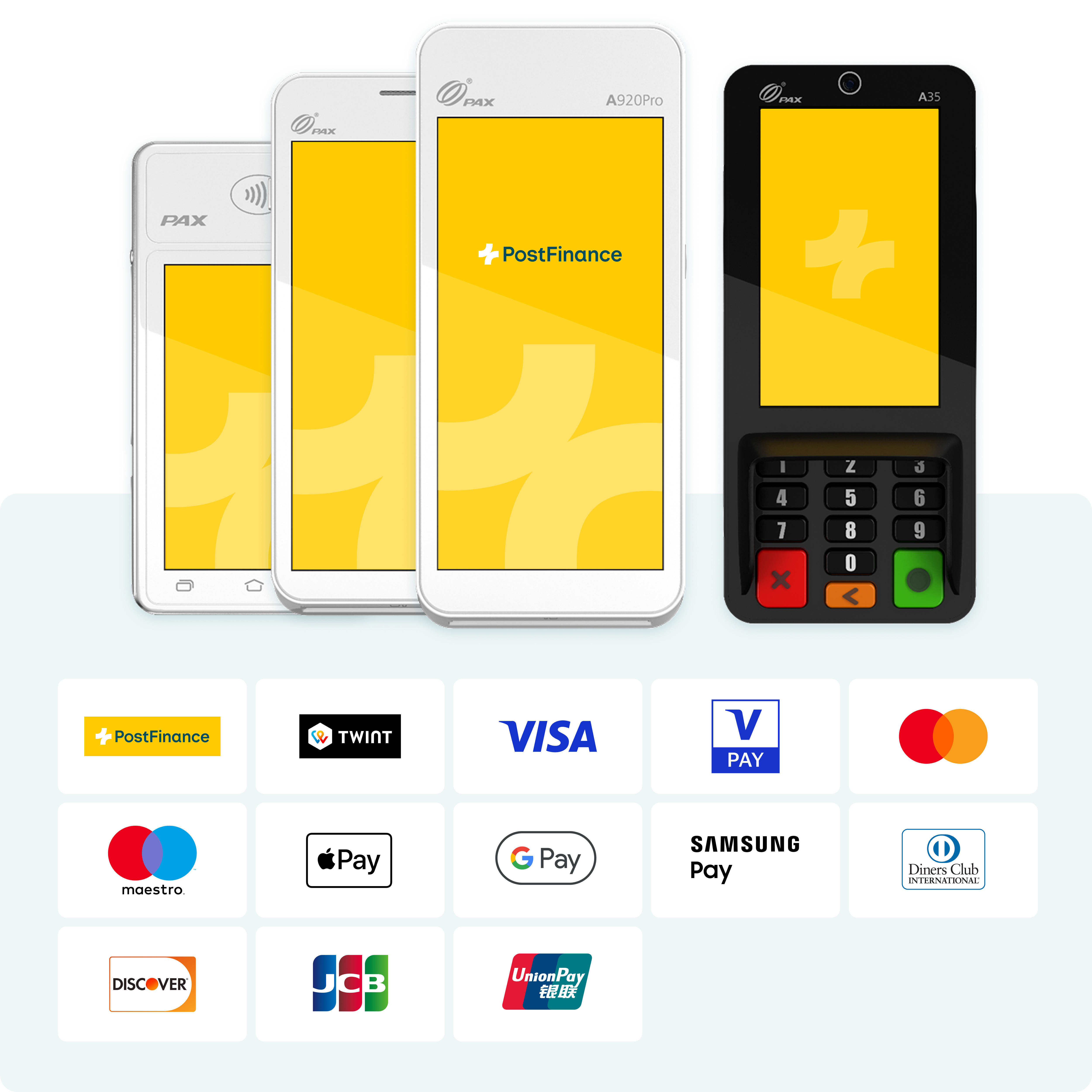 L’image montre quatre modèles de terminaux de paiement par carte parmi lesquels vous pouvez choisir. En outre, les logos des modes de paiement courants que vous pouvez proposer avec la solution de paiement sont indiqués.