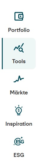Portfolio „Symbol eines Bildschirms mit Diagramm, Beschriftung: Portfolio. | “Tools (aktives Element, hervorgehoben) „Symbol einer Lupe über einer Kurve, Beschriftung: Tools.“ | Märkte „Symbol einer ansteigenden Linie, Beschriftung: Märkte.“ | Inspiration „Symbol einer Glühbirne, Beschriftung: Inspiration, aktuell ausgewählt.“ | Handelsbereich „Sym-bol eines quadratischen Rasters, Beschriftung: Handelsbereich.“