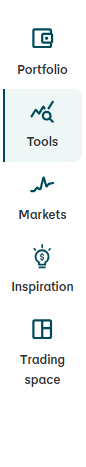 Portfolio “Icon of a screen with a diagram, label: Portfolio.” | Tools (active element, highlighted) “Icon of a magnifying glass above a curve, label: Tools.” | Markets  “Icon of an upwards line, label: Markets.” | Inspiration “Icon of a lightbulb, label: Inspiration, currently selected.” | Trading space “Icon of a square grid, label: Trading space.” 