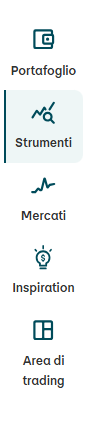 Portafoglio «Simbolo di una schermata con grafico, scritta: portafoglio.» | Tool (elemento attivo, evidenziato) «Simbolo di una lente d’ingrandimento su una curva, scritta: strumenti». | Mercati «Simbolo di una linea crescente, scritta: mercati.» | Ispirazione «Simbolo di una lampadina, scritta: ispirazione, selezione attuale.» | Area di trading «Simbolo di una griglia quadrata, scritta: area di trading.» 