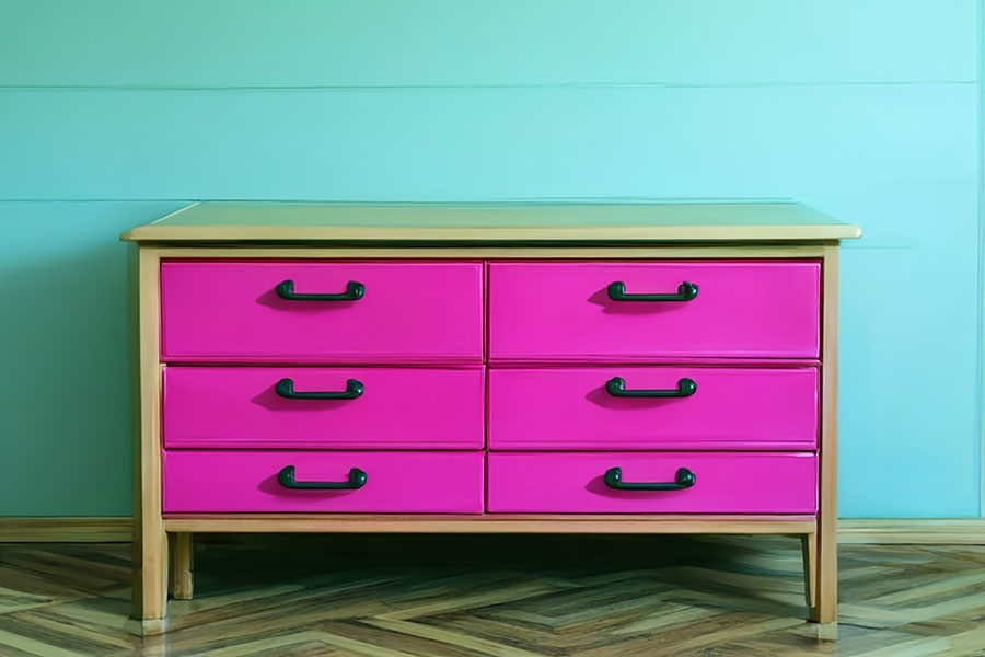 Das Bild zeigt eine alte Kommode, dessen sechs Schubladen einen neuen pinken Farbanstrich erhalten haben – DIY-Ideen für Upcycling-Materialien