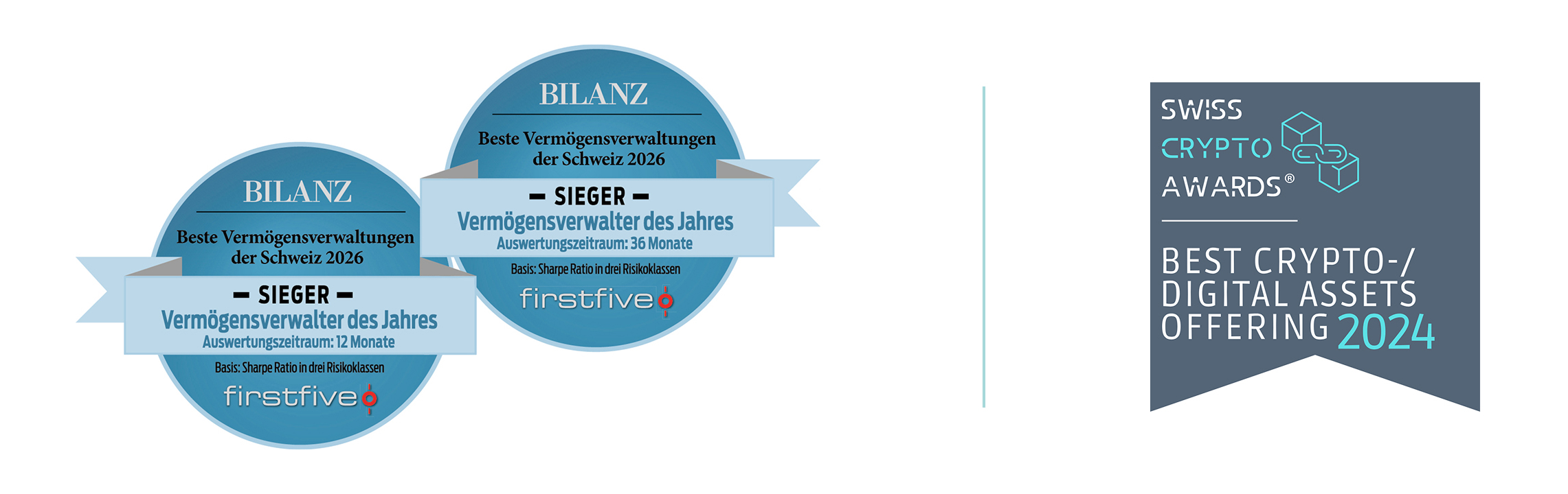 Logo Doppelsiegel BILANZ Vermögensverwalter des Jahres 2026 im Zeitraum von 12 und 36 Monaten; Swiss Crypto Awards 2024