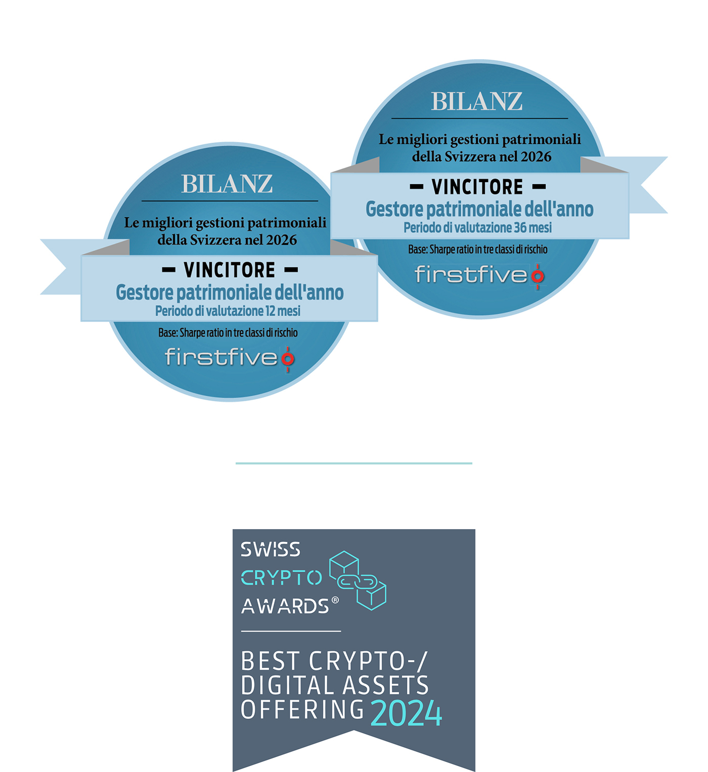 Logo BILANCIO dei gestori patrimoniali VINCITORI 2026 tra 12 e 36 mesi; Swiss Crypto Awards 2024