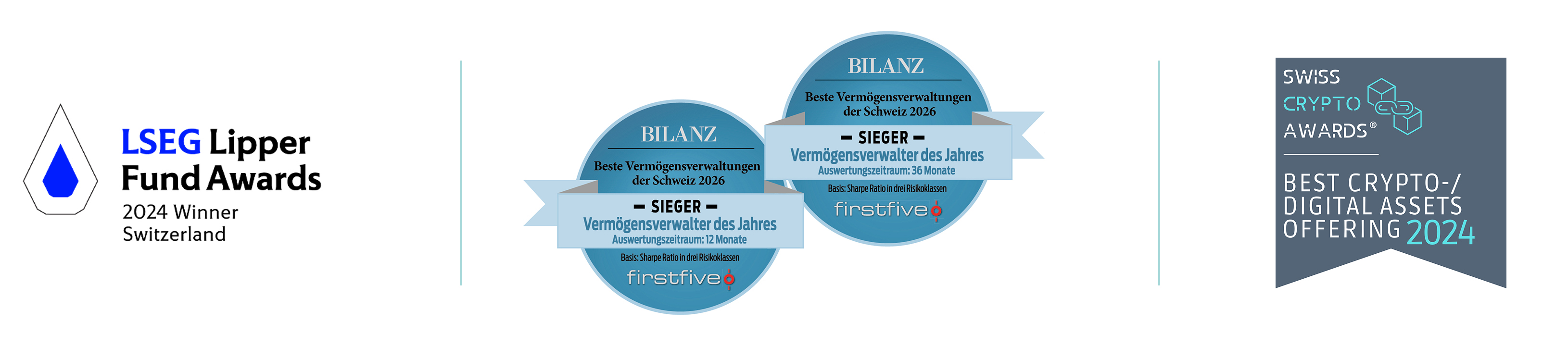 Logo LSEG Lipper Fund Awards 2024 Winner; Doppelsiegel BILANZ Vermögensverwalter des Jahres 2026 im Zeitraum von 12 und 36 Monaten; Swiss Crypto Awards 2024