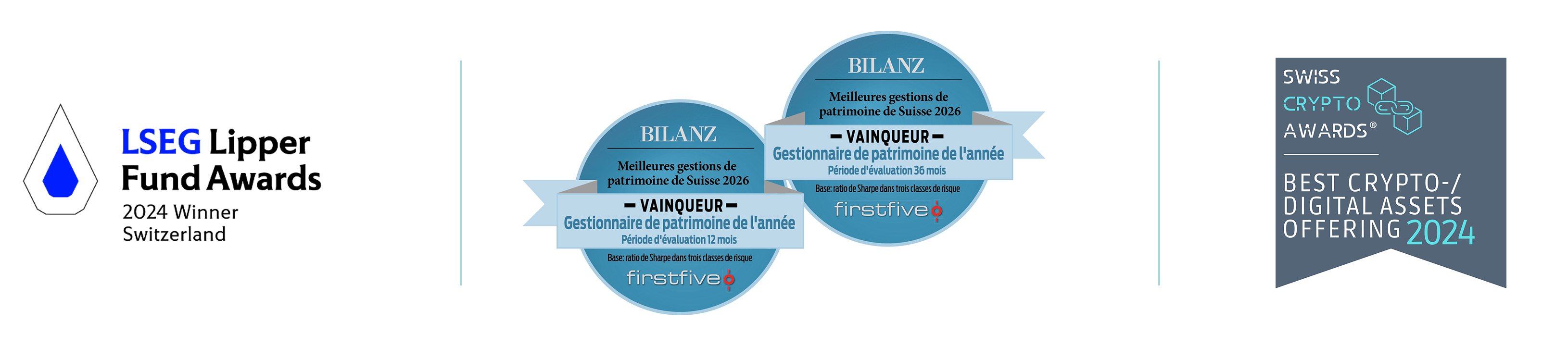 Logo LSEG Lipper Fund Awards 2024 Gagnants; BILAN GAGNANTS Gestionnaires de fortune de l’année 2026 sur une période de 12 et 36 mois; Swiss Crypto Awards 2024