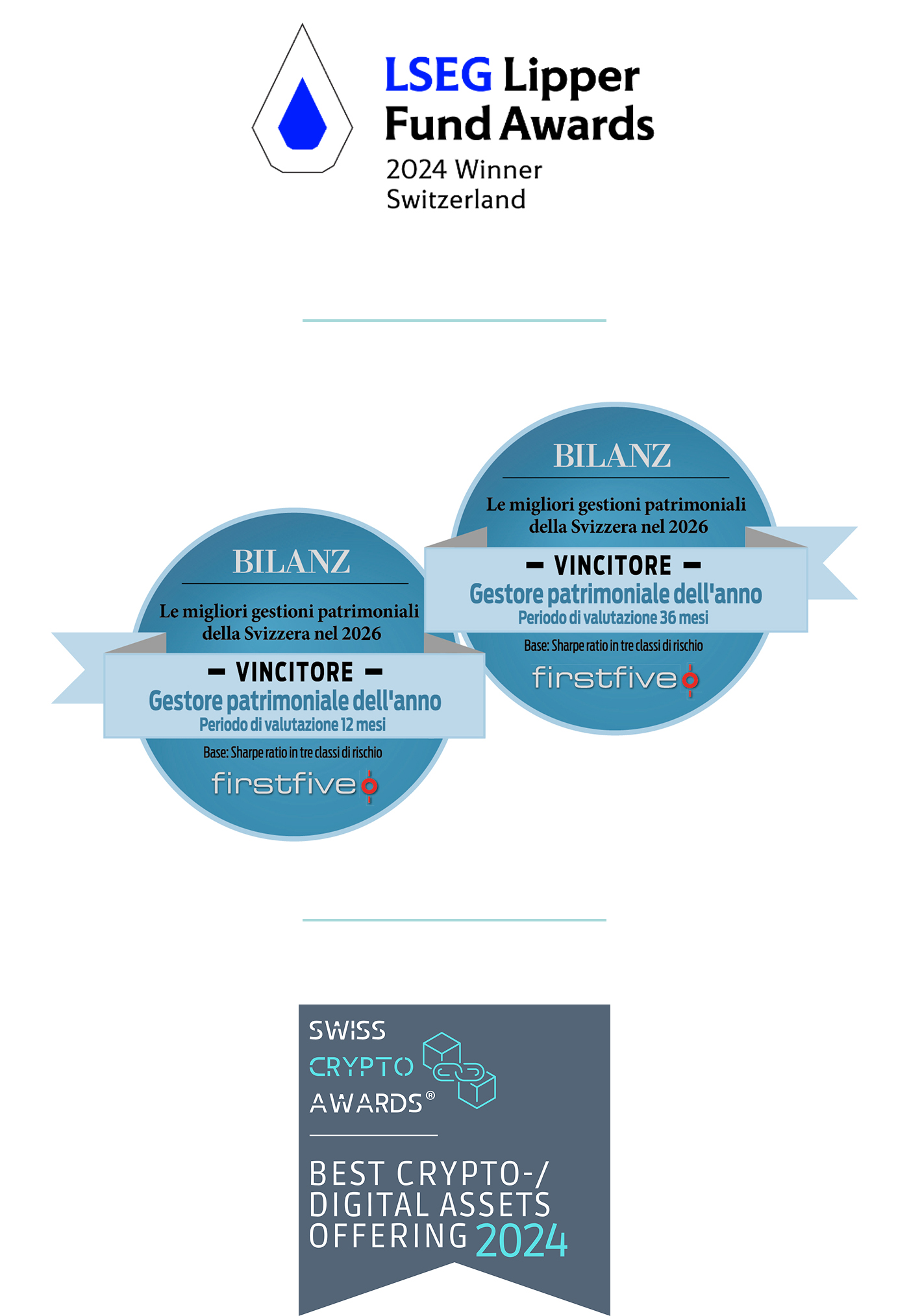 Logo LSEG Lipper Fund Awards 2024 Winner; BILANCIO dei gestori patrimoniali VINCITORI 2026 tra 12 e 36 mesi; Swiss Crypto Awards 2024
