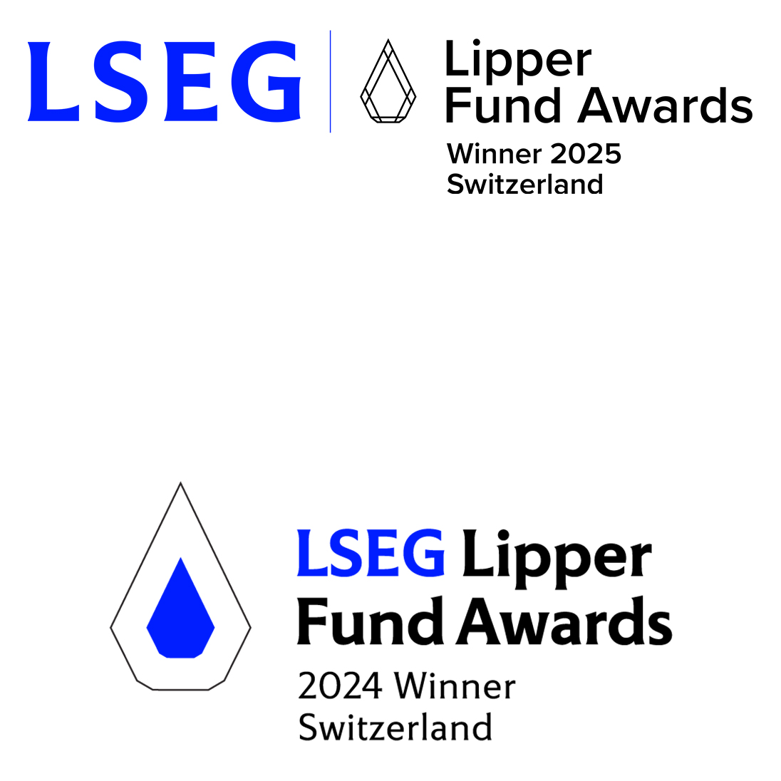 Fonds de prévoyance primés à l’honneur – logo officiel des LSEG Lipper Fund Awards Switzerland, symbole de qualité et de constance. PostFinance a été récompensée en 2025 pour ses fonds de prévoyance.