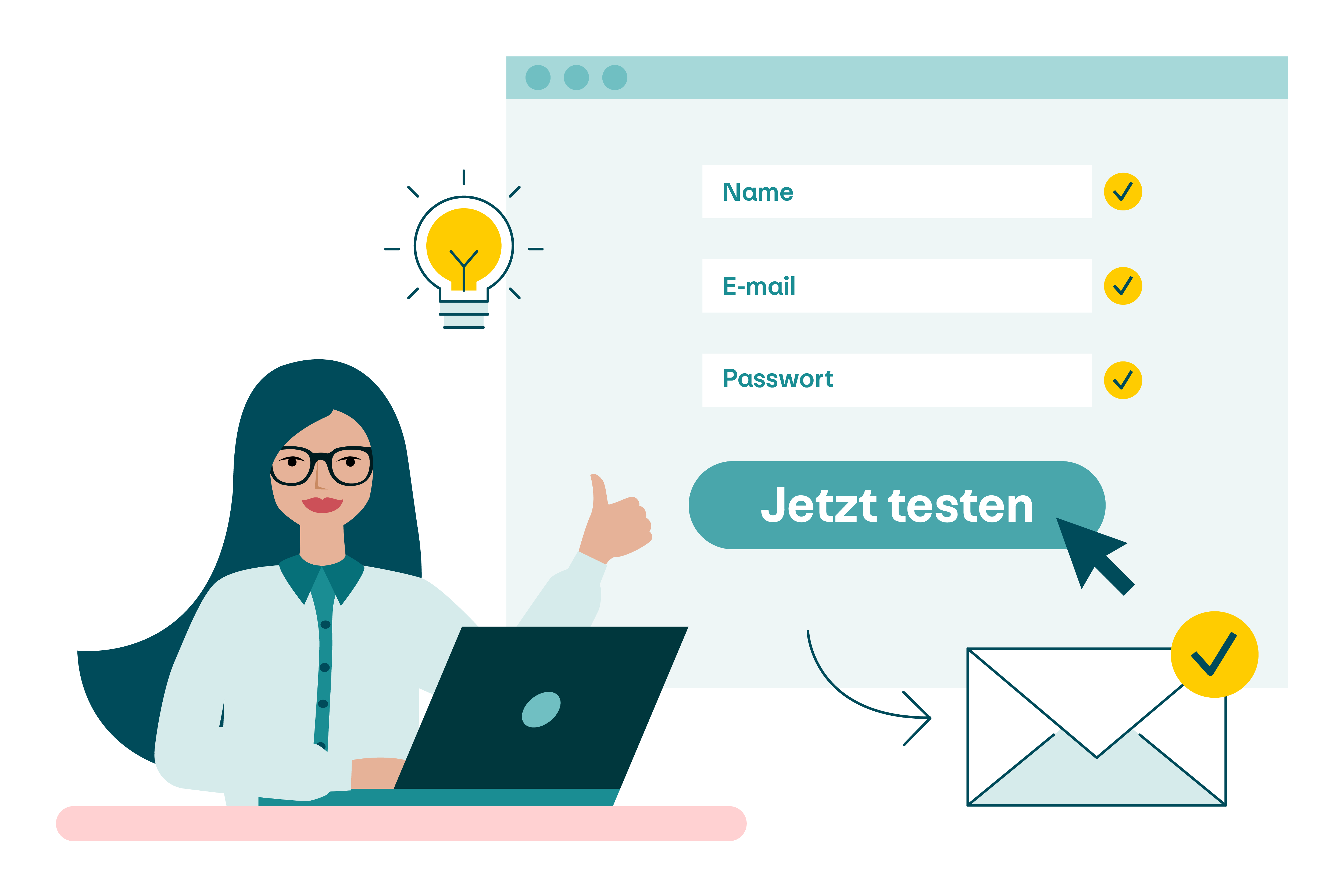 Illustration der Erstellung eines Benutzerkontos mit Angabe von Name, E-mail, Passwort und Button Jetzt testen.