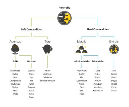 Grafik beschreibt die verschiedenen Arten von Rohstoffen in einem Flussdiagramm. Oben steht das Wort «Rohstoffe», dargestellt durch ein Icon eines Planeten. Daraus ergeben sich zwei Äste, die «Soft Commodities» und die «Hard Commodities». Die «Soft Commodities» werden unterteilt in Ackerbau (dargestellt durch ein Icon eines Baumes) und in Tiere (dargestellt durch ein Icon eines Schweins). Zu den Tieren gehören zum Beispiel Rinder, Mastrinder, Schweine und Schweinebäuche. Der Ackerbau wird unterteilt in Softs und Getreide. Zu den Softs gehören etwa Baumwolle, Kaffee, Kakao, Orangensaft, Kautschuck, Zucker, Holz und Wolle. Zu den Getreiden gehören Weizen, Mais, Soja, reis, Hafer, Roggen, Gerste, Hirse und Raps.  Die Hard Commodities werden in Metalle (dargestellt mit einem Icon von Goldbarren) und Energie (dargestellt durch ein Icon eines Gases) unterschieden. Energie ist beispielsweise Erdöl, Benzin, Gasöl, Erdgas, Heizöl, Kohle und Strom. Die Metalle werden in Industriemetalle und Edelmetalle unterschieden. Zu den Industriemetallen gehören Aluminium, Kuper, Blei, Quecksilber, Nickel, Zinn, Zink und Titan. Zu den Edelmetallen gehören Gold, Silber, Platin, Iridium, Palladium, Osnium und Ruthenium.