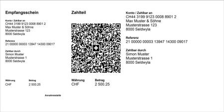 Muster einer QR-Rechnung, die den abtrennbaren Empfangsschein sowie den Zahlteil mit Textelement und QR-Code abbildet.