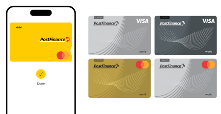 Das Bild zeigt diverse Karten der PostFinance, welche auf Apple Pay eingerichtet werden können. Zu sehen sind die PostFinance Card mit Debit Mastercard und die Kreditkarten Classic/Standard und Gold von Visa und Mastercard.