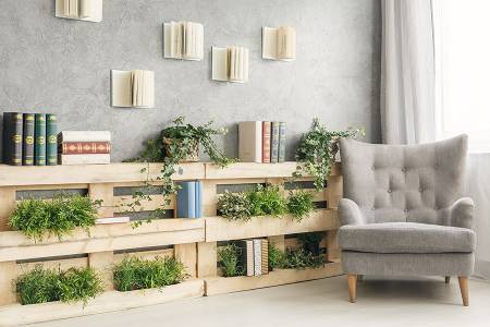 The picture shows a living area with lots of plants on a pallet shelf attached to the wall – DIY ideas for upcycling materials