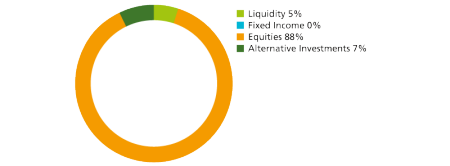 Liquidity 5%, fixed income 0%, equities 88%, alternative investments 7%