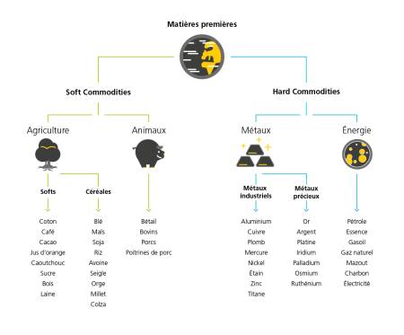 Le graphique illustre les différents types de matières premières à l’aide d’un organigramme. Tout en haut, on trouve l’icône d’une planète ainsi que l’inscription «Matière premières». Celles-ci se subdivisent en deux branches: d’un côté les «Soft Commodities» et de l’autre les «Hard Commodities». Les «Soft Commodities» se répartissent entre l’agriculture (représentée par l’icône d’un arbre) et les animaux (représentés par l’icône d’un cochon). Les animaux incluent notamment le bétail, les bovins, les porcs et les poitrines de porc. L’agriculture se divise en deux catégories: les softs et les céréales. Les softs incluent notamment le coton, le café, le cacao, le jus d’orange, le caoutchouc, le sucre, le bois et la laine. Les céréales incluent le blé, le maïs, le soja, le riz, l’avoine, le seigle, l’orge, le millet et le colza.  Les «Hards Commodities» sont réparties entre les métaux (illustrés par une icône de lingots d’or) et l’énergie (illustrée par l’icône d’un gaz). Par énergie, on entend par exemple le pétrole, l’essence, le gasoil, le gaz naturel, le mazout, le charbon et l’électricité. Les métaux sont répartis entre les métaux industriels et les métaux précieux. Les métaux industriels incluent l’aluminium, le cuivre, le plomb, le mercure, le nickel, l’étain, le zinc et le titane. Les métaux précieux incluent l’or, l’argent, le platine, l’iridium, le palladium, l’osmium et le ruthénium.