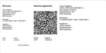 Esempio di QR-fattura che illustra la ricevuta staccabile e la sezione pagamento con elemento testuale e codice QR.