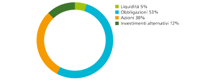 Liquidità 8%, obbligazioni 53%, azioni 30%, investimenti alternativi 12%